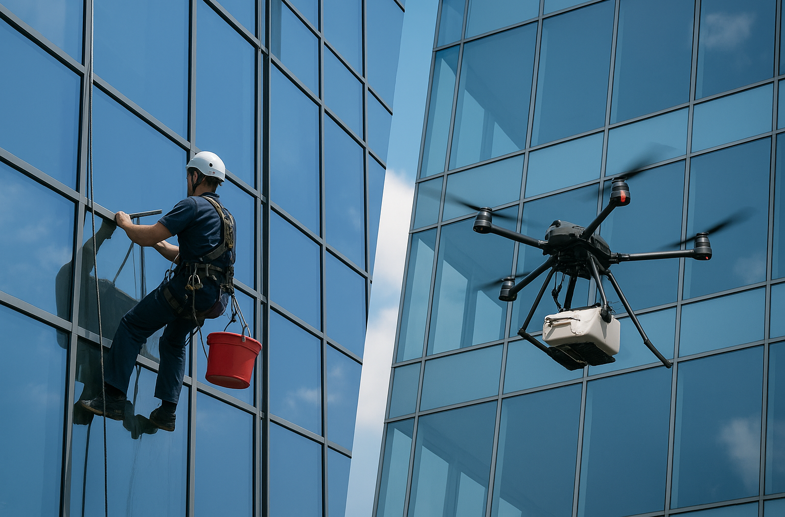 A window cleaner in a blue uniform uses a squeegee to clean a large glass window, with a clear sky and building in the background.